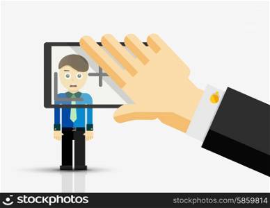 Taking a picture of businessman hand with smartphone, flat design concept