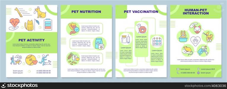 Taking care about pet green brochure template. Activity and nutrition. Leaflet design with linear icons. 4 vector layouts for presentation, annual reports. Arial-Black, Myriad Pro-Regular fonts used. Taking care about pet green brochure template