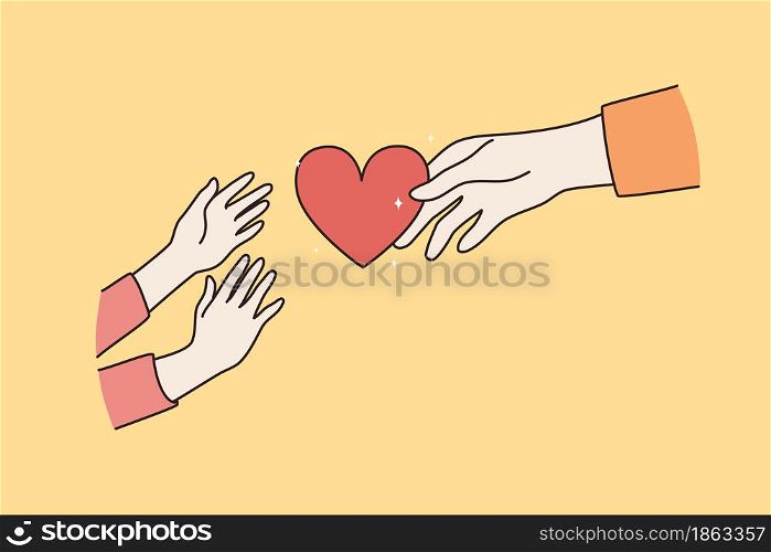 Taking care and parent child love concept. Hands of adult person giving red heart to childish hands reaching for it over yellow background vector illustration . Taking care and parent child love concept