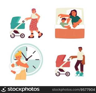 Taking care of baby flat concept vector spot illustrations set. Baby feeding. Walking 2D cartoon characters on white for web UI design. Parenthood isolated editable creative hero images collection. Taking care of baby flat concept vector spot illustrations set