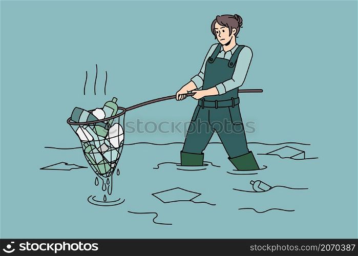Taking care of Ecology and environment concept. Volunteer girl sitting in water and picking up collecting garbage trash taking care of ecological situation vector illustration . Taking care of Ecology and environment concept