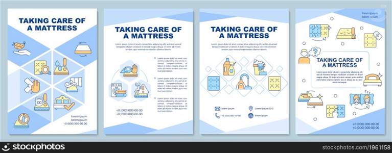Taking care of mattress brochure template. Maintenance instruction. Flyer, booklet, leaflet print, cover design with linear icons. Vector layouts for presentation, annual reports, advertisement pages. Taking care of mattress brochure template