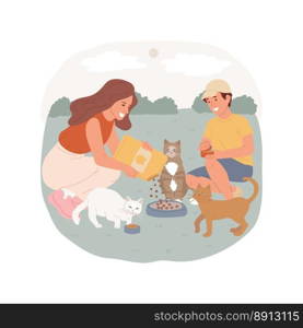 Taking care of pet isolated cartoon vector illustration. Group of people taking care of homeless pets, children feeding animals, personal growth, doing volunteering vector cartoon.. Taking care of pet isolated cartoon vector illustration.