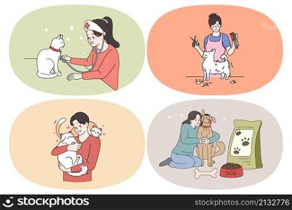 Taking care of pets concept. Set of girls and boys grooming hugging feeding dog examining cat like doctor playing and enjoying time with pets vector illustration. Taking care of pets concept