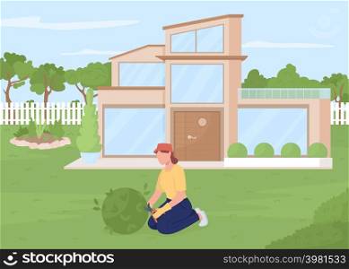 Taking care of plants outdoor flat color vector illustration. Garden maintenance. Removing broken branches. Woman pruning bush in garden 2D simple cartoon character with house on background. Taking care of plants outdoor flat color vector illustration