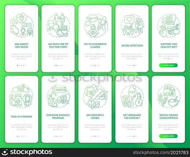 Taking care of pregnant woman onboarding mobile app page screen set. Show support walkthrough 5 steps graphic instructions with concepts. UI, UX, GUI vector template with linear color illustrations. Taking care of pregnant woman onboarding mobile app page screen set