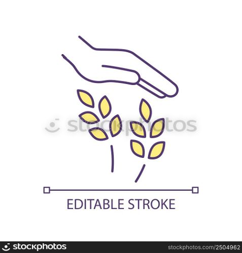 Taking care of wheat field RGB color icon. Harvesting crops. Agricultural practices. Wheat production. Isolated vector illustration. Simple filled line drawing. Editable stroke. Arial font used. Taking care of wheat field RGB color icon