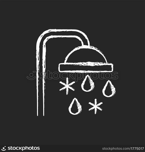Taking cold bath or shower chalk white icon on dark background. Cooling water in bathroom. Flowing liquid from faucet. Heatstroke prevention method. Isolated vector chalkboard illustration on black. Taking cold bath or shower chalk white icon on dark background