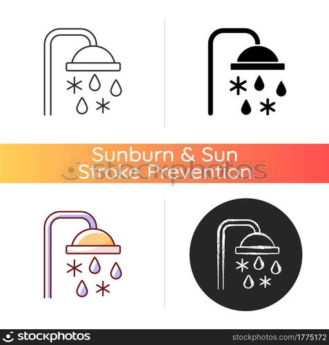 Taking cold bath or shower icon. Cooling water in bathroom. Flowing liquid from faucet. Heatstroke prevention method. Linear black and RGB color styles. Isolated vector illustrations. Taking cold bath or shower icon