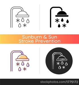 Taking cold bath or shower icon. Cooling water in bathroom. Flowing liquid from faucet. Heatstroke prevention method. Linear black and RGB color styles. Isolated vector illustrations. Taking cold bath or shower icon