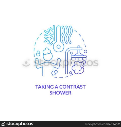 Taking contrast shower blue gradient concept icon. Hygiene and healthcare habit abstract idea thin line illustration. Isolated outline drawing. Roboto-Medium, Myriad Pro-Bold fonts used. Taking contrast shower blue gradient concept icon