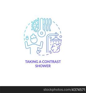 Taking contrast shower blue gradient concept icon. Hygiene and healthcare habit abstract idea thin line illustration. Isolated outline drawing. Roboto-Medium, Myriad Pro-Bold fonts used. Taking contrast shower blue gradient concept icon