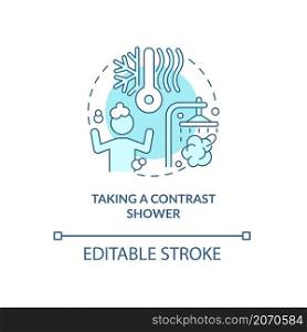 Taking contrast shower turquoise concept icon. Hygiene and healthcare routine abstract idea thin line illustration. Isolated outline drawing. Editable stroke. Roboto-Medium, Myriad Pro-Bold fonts used. Taking contrast shower turquoise concept icon