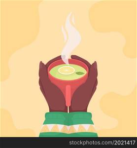 Taking cup of green lemon tea flat color vector illustration. Warm steaming drink with mint. Taking mug of aromatic herbal beverage 2D cartoon first view hand with abstract background. Taking cup of green lemon tea flat color vector illustration
