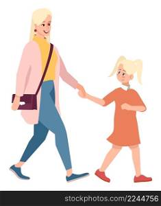 Taking kid for walk semi flat RGB color vector illustration. Mother with daughter walking together isolated cartoon characters on white background. Taking kid for walk semi flat RGB color vector illustration