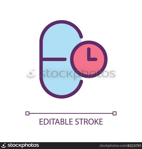 Taking medicine on time pixel perfect RGB color ui icon. Regular treatment. Simple filled line element. GUI, UX design for mobile app. Vector isolated pictogram. Editable stroke. Arial font used. Taking medicine on time pixel perfect RGB color ui icon