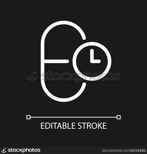 Taking medicine on time pixel perfect white linear ui icon for dark theme. Capsule dosage. Vector line pictogram. Isolated user interface symbol for night mode. Editable stroke. Arial font used. Taking medicine on time pixel perfect white linear ui icon for dark theme