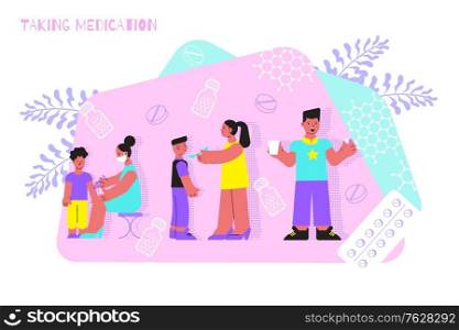 Taking medicine properly flat composition with drinking glass water with pills giving injection safely vector illustration