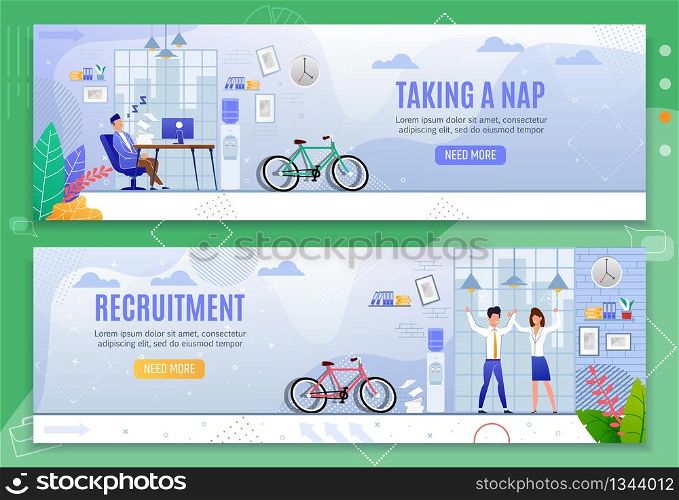 Taking Nap and Recruitment Header Banners Set. Male Clerk Asleep at Desk in Coworking Office Procrastinating Working Time. Happy Man and Woman Rejoice New Job after Hiring. Vector Flat Illustration. Taking Nap and Recruitment Header Banners Set