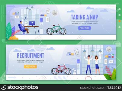 Taking Nap and Recruitment Header Banners Set. Male Clerk Asleep at Desk in Coworking Office Procrastinating Working Time. Happy Man and Woman Rejoice New Job after Hiring. Vector Flat Illustration. Taking Nap and Recruitment Header Banners Set