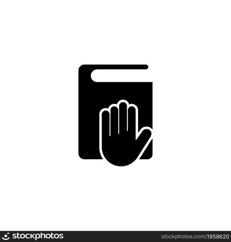 Taking Oath, Hand on Constitution or Bible. Flat Vector Icon illustration. Simple black symbol on white background. Taking Oath, Hand on Bible Book sign design template for web and mobile UI element. Taking Oath, Hand on Constitution or Bible. Flat Vector Icon illustration. Simple black symbol on white background. Taking Oath, Hand on Bible Book sign design template for web and mobile UI element.