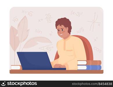Taking online math course 2D vector isolated illustration. Smiling student flat character on cartoon background. Academic program. Colourful editable scene for mobile, website. Comfortaa font used. Taking online math course 2D vector isolated illustration