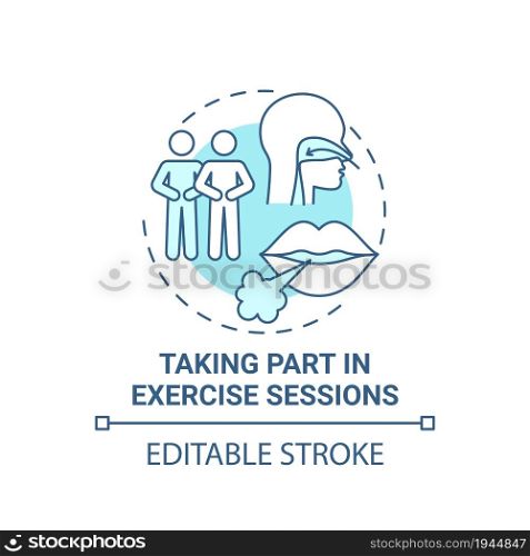 Taking part in excercise sessions blue concept icon. Pulmonary rehabilitation abstract idea thin line illustration. Breathing exercises. Vector isolated outline color drawing. Editable stroke. Taking part in excercise sessions blue concept icon