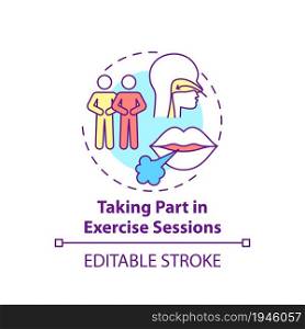 Taking part in excercise sessions concept icon. Pulmonary rehabilitation abstract idea thin line illustration. Breathing exercises with trainer. Vector isolated outline color drawing. Editable stroke. Taking part in excercise sessions concept icon