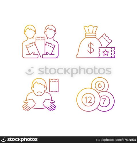 Taking part in lottery gradient linear vector icons set. Pooling ticket purchases. Lump-sum payment. Lotto balls. Thin line contour symbols bundle. Isolated vector outline illustrations collection. Taking part in lottery gradient linear vector icons set