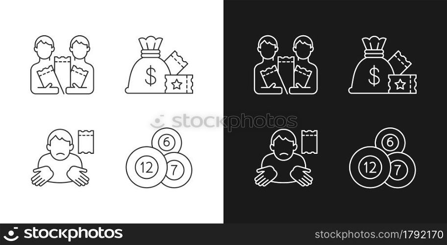 Taking part in lottery linear icons set for dark and light mode. Pooling ticket purchases. Lump-sum payment. Customizable thin line symbols. Isolated vector outline illustrations. Editable stroke. Taking part in lottery linear icons set for dark and light mode