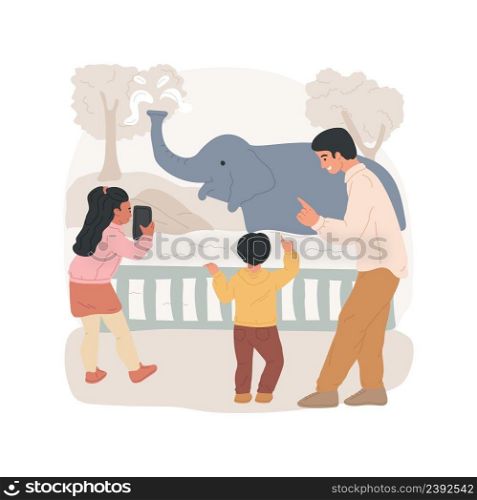 Taking photo of an elephant isolated cartoon vector illustration Wildlife encounter for kids, family visiting zoo, child takes photo of an animal, elephant playing with water vector cartoon.. Taking photo of an elephant isolated cartoon vector illustration