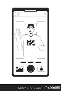 Taking photo on front camera bw concept vector spot illustration. Using gadget 2D cartoon flat line monochromatic object for web UI design. Editable isolated outline hero image. Taking photo on front camera bw concept vector spot illustration