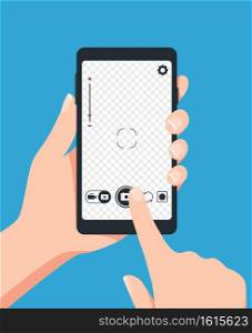 Taking photo with smartphone. Vector photo screen, photograph wth telephone, mobile phone smartphone shoot photo illustration. Taking photo with smartphone. Vector photo screen