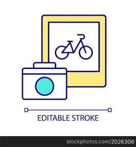 Taking picture of bicycle RGB color icon. Sharing pictures of bike in social media. Successful bicycle selling. Isolated vector illustration. Simple filled line drawing. Editable stroke. Taking picture of bicycle RGB color icon