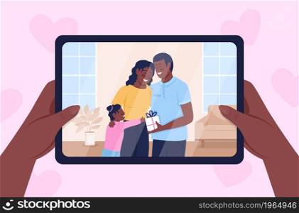 Taking picture of happy family 2D vector isolated illustration. Giving gift to mother flat first view hand on cartoon background. Hugging each other. Family member birthday celebration colourful scene. Taking picture of happy family 2D vector isolated illustration