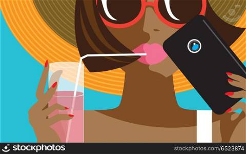 Taking pictures.. Creative conceptual vector. Womans face with mobile phone and cocktail.