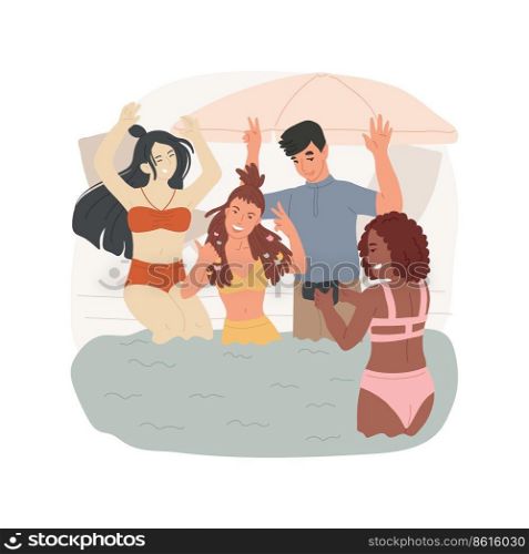 Taking pictures isolated cartoon vector illustration. Friends taking pictures, leisure time near pool together, girl makes photo, holding camera, guys smiling and laughing vector cartoon.. Taking pictures isolated cartoon vector illustration.