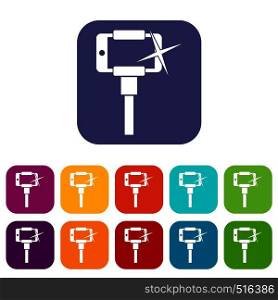 Taking pictures on smartphone on selfie stick icons set vector illustration in flat style in colors red, blue, green, and other. Taking pictures on smartphone on selfie stick icons set