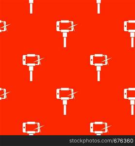 Taking pictures on smartphone on selfie stick pattern repeat seamless in orange color for any design. Vector geometric illustration. Taking pictures on smartphone on selfie stick pattern seamless