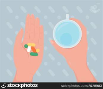 Taking prescription pills flat color vector illustration. Medical treatment for disease. Drugs for illness. Holding medications and cup of water 2D cartoon first view hand with abstract background. Taking prescription pills flat color vector illustration
