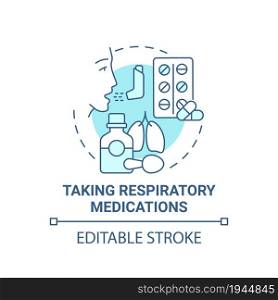Taking respiratory medications blue concept icon. Pulmonary rehabilitation abstract idea thin line illustration. Illness prevention, treatment. Vector isolated outline color drawing. Editable stroke. Taking respiratory medications blue concept icon
