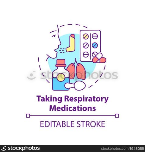 Taking respiratory medications concept icon. Pulmonary rehabilitation abstract idea thin line illustration. Illness prevention and treatment. Vector isolated outline color drawing. Editable stroke. Taking respiratory medications concept icon