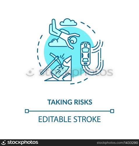 Taking risks concept icon. Extreme recreational sport, personal growth idea thin line illustration. Search for excitement, adrenaline rush. Vector isolated outline RGB color drawing. Editable stroke. Taking risks concept icon