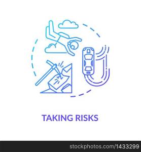 Taking risks concept icon. Extreme recreational sport, personal growth idea thin line illustration. Search for excitement, adrenaline rush. Vector isolated outline RGB color drawing. Taking risks concept icon