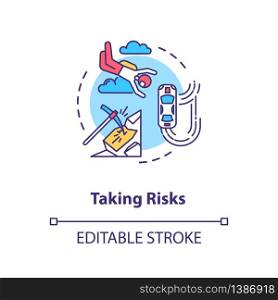 Taking risks concept icon. Extreme sport, active recreation, personal growth idea thin line illustration. Experiencing new and exciting. Vector isolated outline RGB color drawing. Editable stroke. Taking risks concept icon