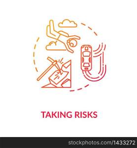 Taking risks concept icon. Extreme sport, active recreation, personal growth idea thin line illustration. Experiencing new and exciting. Vector isolated outline RGB color drawing. Taking risks concept icon
