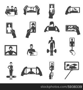 Taking selfie photos black icons set. Taking flattering funny selfie pictures on vacations with smart phone black icons set abstract isolated vector illustration
