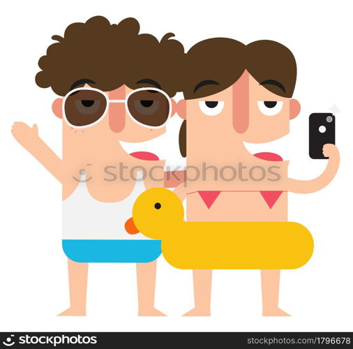 Taking selfie woman and man,summer vacation fun,illustration,vector