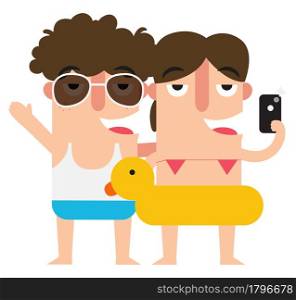 Taking selfie woman and man,summer vacation fun,illustration,vector