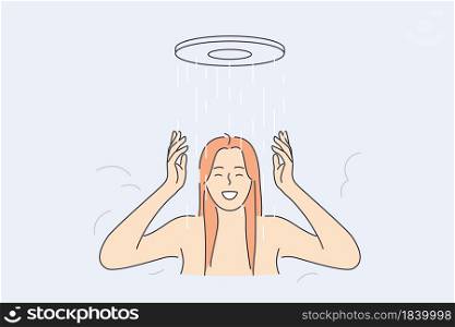 Taking shower and relaxation concept. Young smiling female standing enjoying soft shower water drops doing wellness procedure treatment vector illustration . Taking shower and relaxation concept.